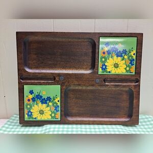 Vintage MCM Wood Floral Tile Cheese Board Hand Carved  14.5" X 11" Japan Party